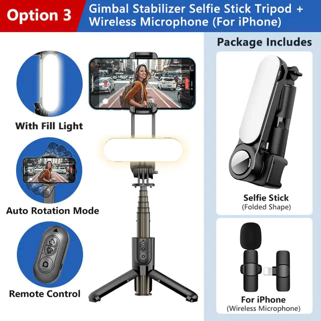 Gimbal estabilizador selfie stick tripé com luz de preenchimento sem fio bluetooth para huawei xiaomi iphone 13 celular smartphone